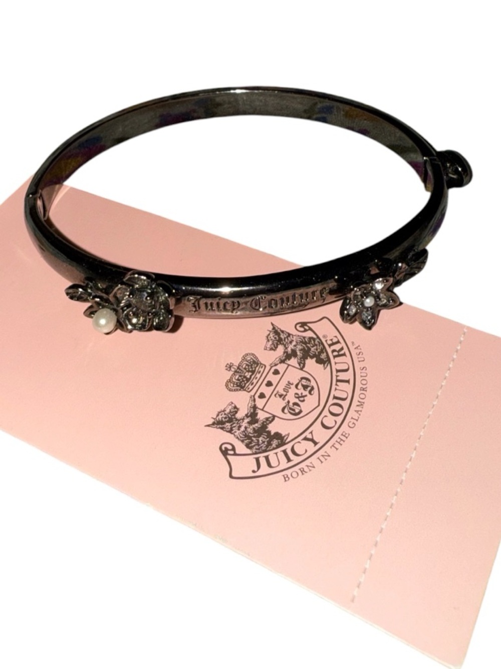 Juicy Couture Vintage Gunmetal Floral Crystal & pearl Hinged Bangle Bracelet